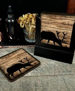 BarMan Wooden Square Coasters - Rustic Animal Theme - Set Of 4 - Options Available -BarMan Shop SquareWoodCoaster Stag Scene1000x1000 700x700