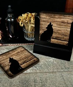 BarMan Wooden Square Coasters - Rustic Animal Theme - Set Of 4 - Options Available -BarMan Shop SquareWoodCoaster Wolf Scene1000x1000 700x700