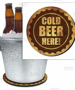 BarMan Beer Bucket Coaster - Cold Beer Here Bottle Cap - 8.75" Diameter (Reuseable)