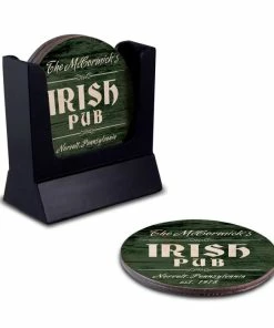 BarMan Wooden Round Coasters - Customizable - Irish Theme - Set Of 4 -BarMan Shop wood coasters custom main shot irish bar customize with caddy 700x700