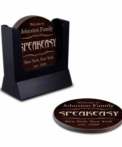 BarMan Wooden Round Coasters - Customizable - Speakeasy Theme - Set Of 4 -BarMan Shop wood coasters custom main shot speakeasy customize with caddy 700x700